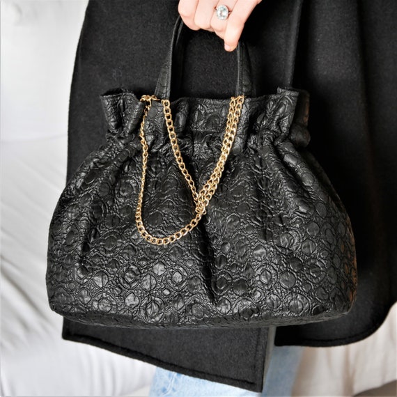 Fifties Original Black Purse. Vintage Fabric Bag With Removable Chain. Washable Handmade. Etsy