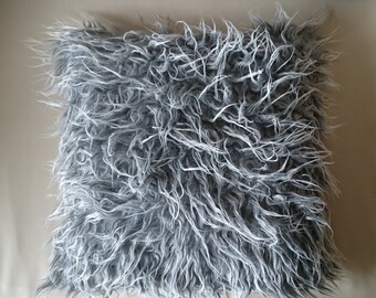 Faux fur pillow, long haired sheep fur imitation on each side, throw pillow, grey cushion, grey pillow cover, hand made in France