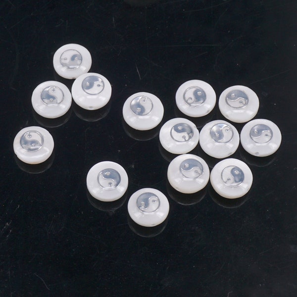 10pc Shell Taichi Sign Beads, Shell Coin Beads, Double Sided , Yin Yang Symbol 8mm Bead  Protection  Spiritual Bead