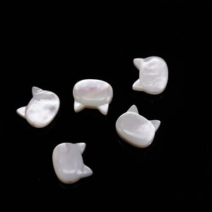 May include: Five white cat-shaped shell beads with a pearlescent finish. The beads are smooth and have a slightly rounded shape.