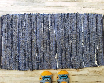 Denim Blue Cotton Rug. 21 inches wide x 40 inches long, Hand woven with recycled textiles