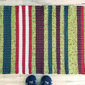 Christmas Rag Rug, Large Woven Flat Weave Rug measuring 28 inches wide by 54 inches long.