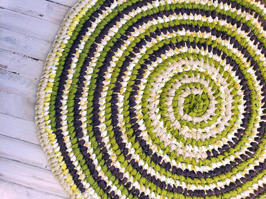 Round Crochet Rag Rug With a Unique Spiral Design, Pea Green, Brown ...