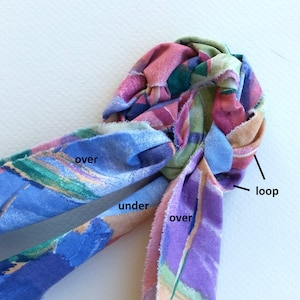 May include: A close-up of a fabric knot with two ends labelled "over" and one end labelled "under". The knot is tied in a way that creates a loop, which is labelled "loop".