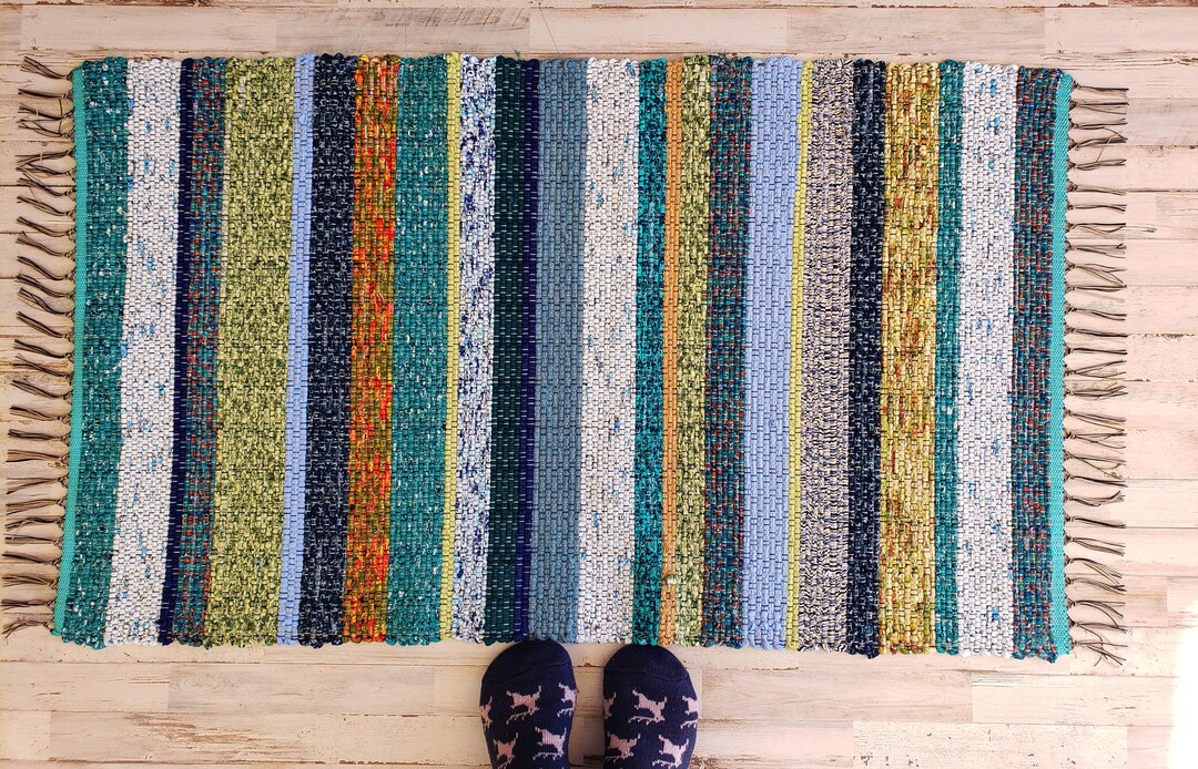 Shades of Blue & Green Large Rag Rug Runner Measuring 27.5 Inches Wide ...