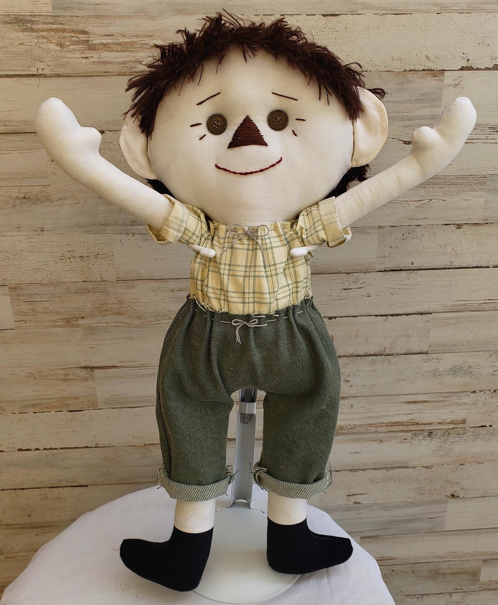 Boy Ragdoll OOAK Handmade Boy Rag Doll With Brown Hair and Green Denim Pants - Etsy