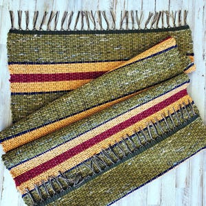 Large Woven Flat Weave Rug measuring 27.5 inches wide by 58.5 inches long. Olive Green Stripes, perfect for everyday use