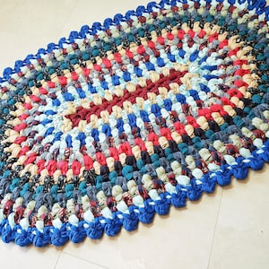 Handmade Oval Crochet Rag Rug, Blue, Red & Green, Recycled Textiles, Washable, Reversible (26x40)