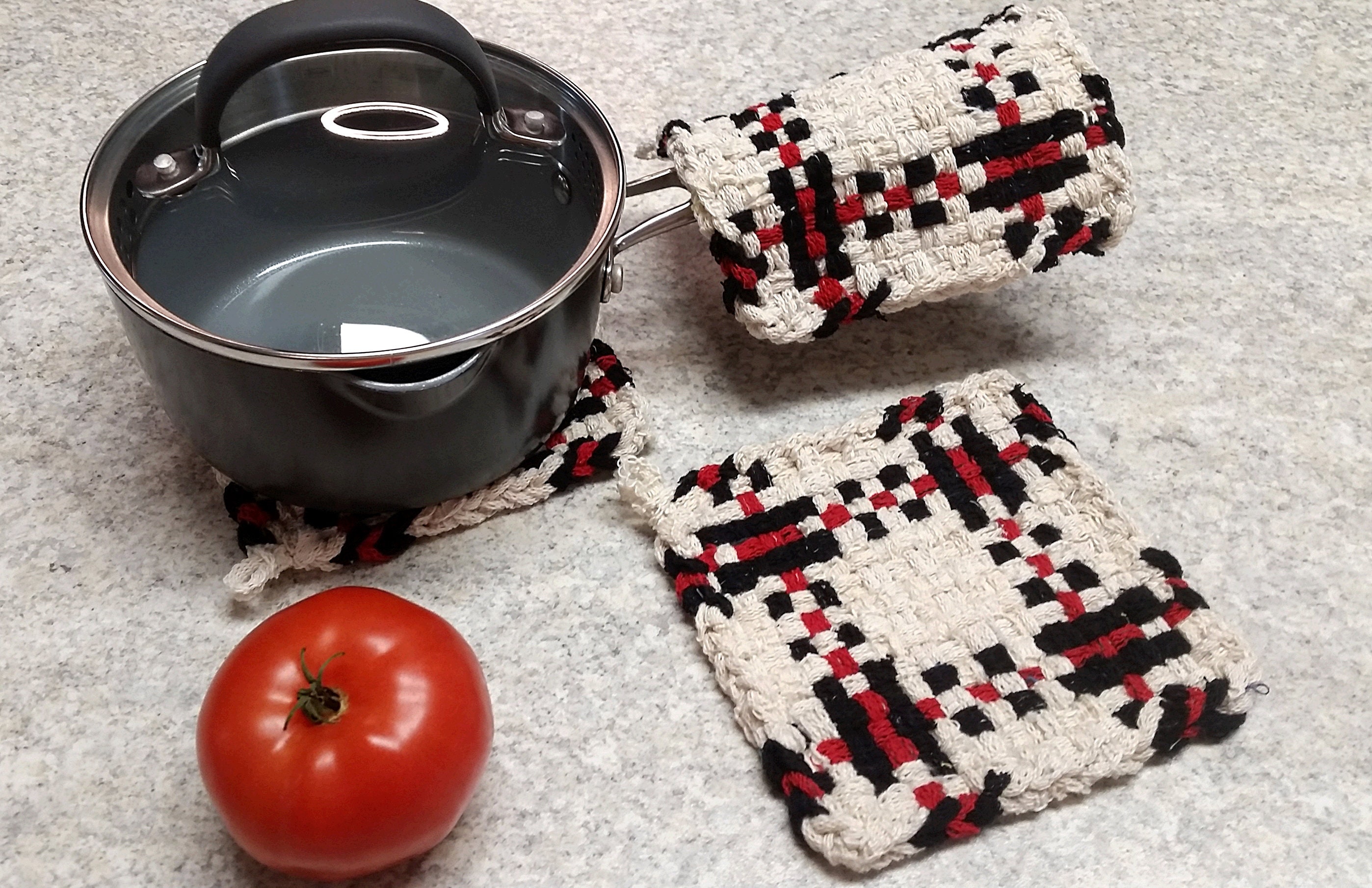 Potholder Set of 3 Handwoven Cotton Potholders Red Black Etsy