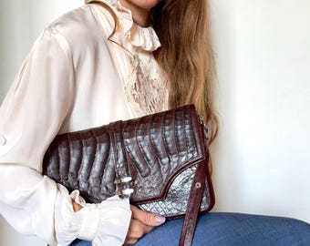 Bolso de hombro vintage de piel de cocodrilo y napa - años 70