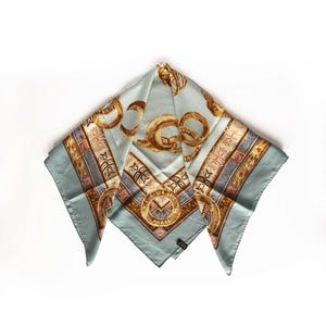 Céline Paris, silk scarf, beautiful aqua tones & gold. Vintage from the 80's. 34x34"