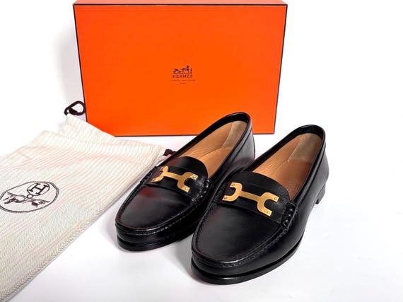 Women black leather loafers, Hermes Paris, EU 37
