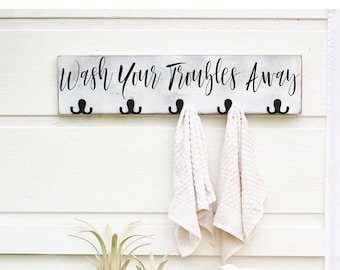 Bathroom Towel Hooks, Bathroom Decor, Wash Your Troubles, Towel Hooks, Towel Rack Bathroom, Bathroom Sign, Kids Bathroom Decor, Mask Holder