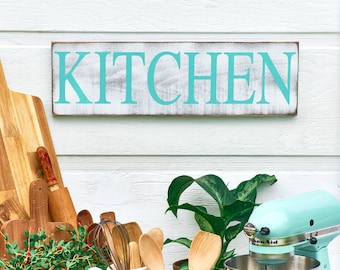 Distressed Kitchen Signs Rustic, Blue Kitchen Sign Wood, Whitewashed Wood Sign for Kitchen Wall, Blue Farmhouse Kitchen Décor, Kitchen Gift