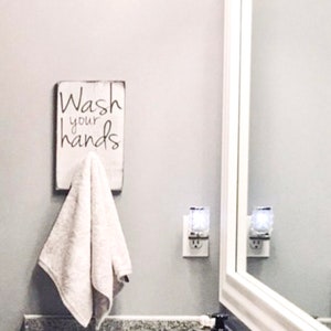 bathroom sayings wall decor, wash your hands towel hook, bathroom towel holder, bathroom decorations, half bath wall decor, towels, hooks image 2