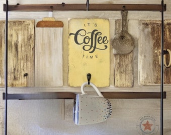 Kitchen wall art, coffee bar decor and mug organizer, coffee kitchen signs, coffee cup organizer and coffee display, yellow kitchen decor