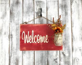 Country welcome sign farmhouse distressed, outdoor hanging sign red country rustic, rustic home decor spring decorations, front porch decor