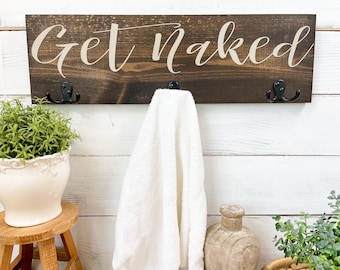 Get naked bathroom sign, bathroom home decor wood sign, bathroom storage hooks for towels, bathroom hooks for kids, funny signs and sayings