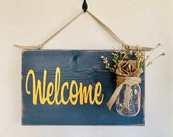 Welcome sign spring decoration blue, outdoor hanging sign rustic country distressed, rustic home decor shabby chic yellow, Front porch decor