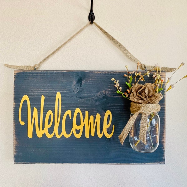 Welcome sign spring decoration blue, outdoor hanging sign rustic country distressed, rustic home decor shabby chic yellow, Front porch decor