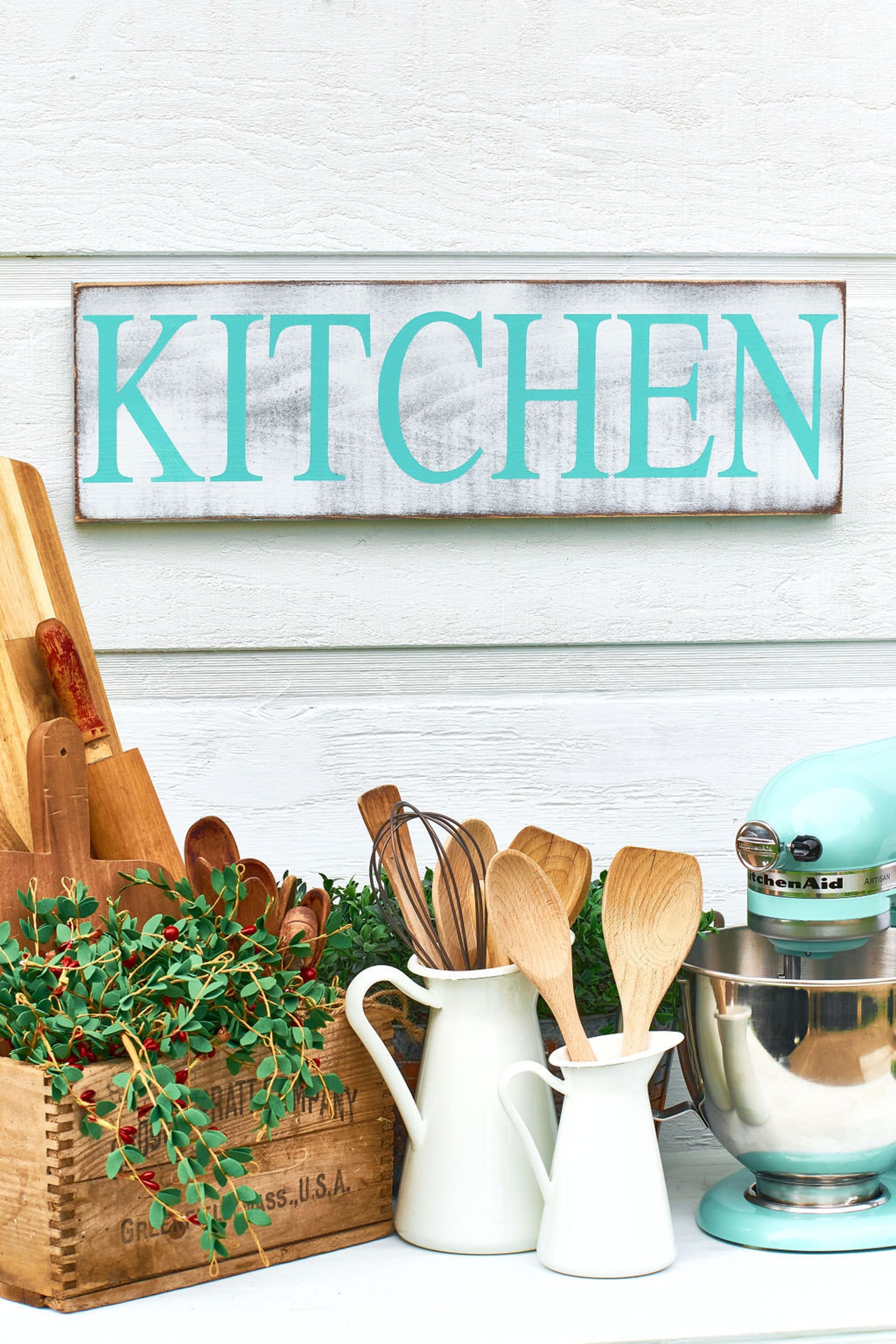 Distressed Kitchen Signs Rustic Blue Kitchen Sign Wood Etsy