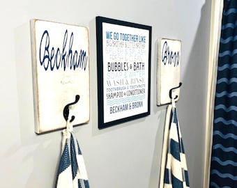 Bathroom Decor for kids towels, Bath nautical, Back Pack Hooks, Kids Name Sign, Wooden Name Signs, Towel Holder, Towel Rack, Bathroom Hooks