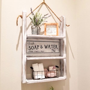 Bathroom shelf storage unit farmhouse style white and grey.