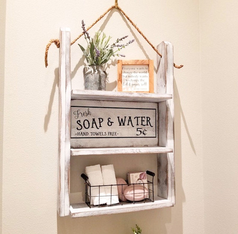 Bathroom shelf storage unit farmhouse style white and grey.