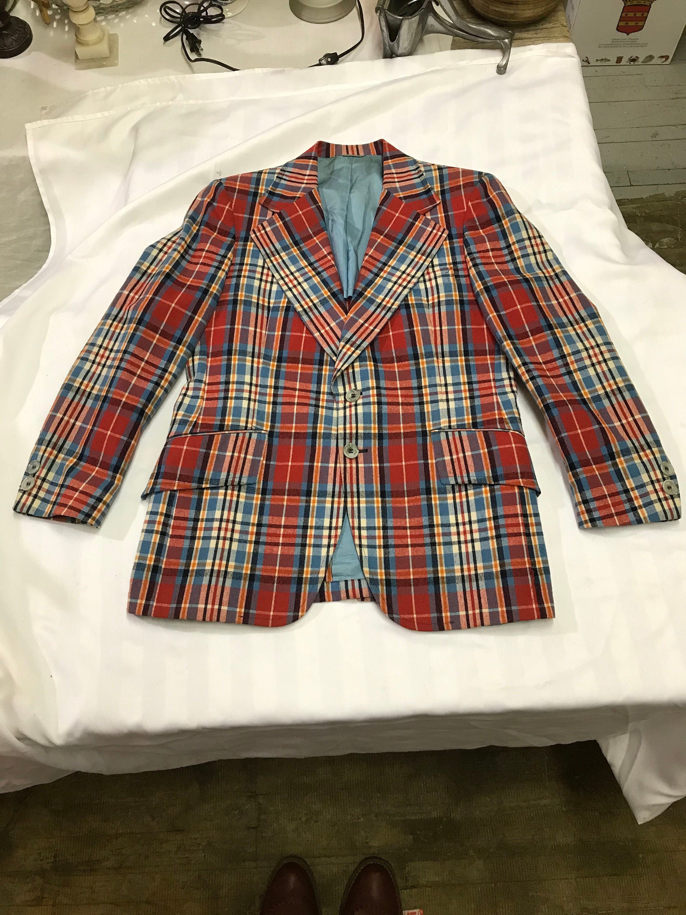 Vtg 1970s Plaid Multicolor Rockabilly Hipster Mens Jacket