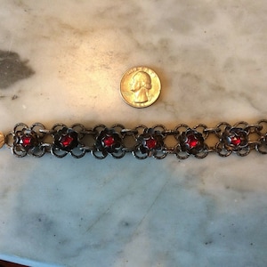 vtg 1940 STERLING NADO roses flowers ruby paste glass art nouveau bracelet 39 g.