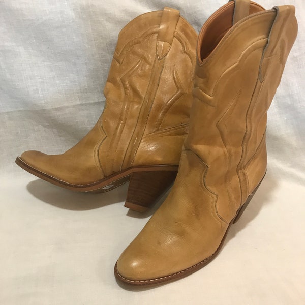 Vtg 1980 KINNEY CUBAN talon cowboy western tan boho hippie hipster femmes bottes sz 8