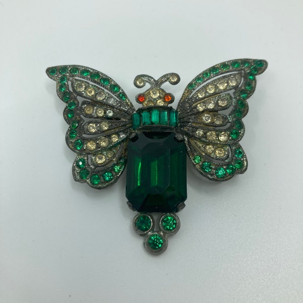 Vtg RARE Staret ?  1940s pewter rhinestone sphinx butterfly brooch