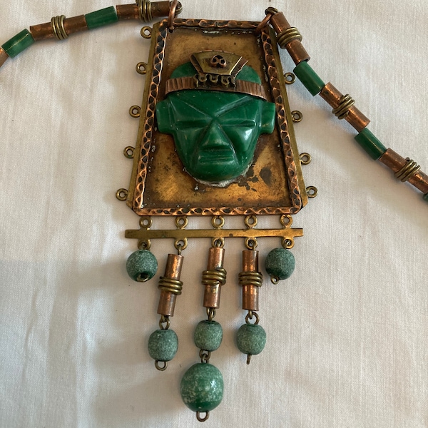 Vtg CASA MAYA MEXICO jade Mayan Aztec native copper brass head  tribal necklace