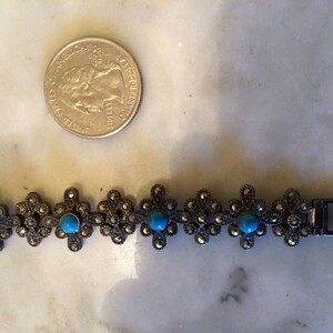 Vtg sterling 925 marcasites turquoise paste glass victorian  bracelet 22 gr.