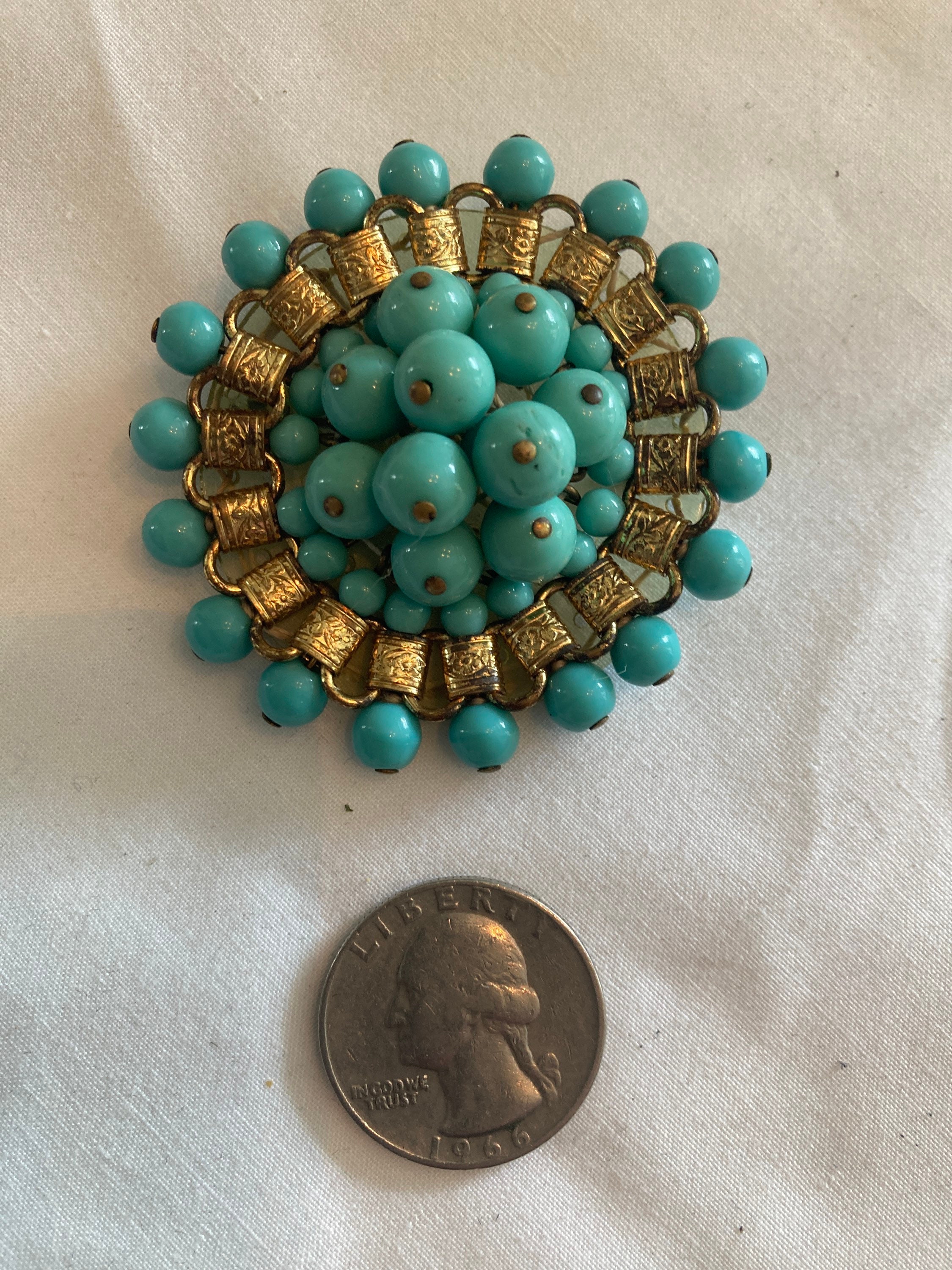 Vtg MIRIAM HASKELL Turquoise Glass Beads Brass Brooch - Etsy