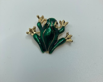 Vtg 1980s D'ORLAN BOUCHER green enamel frog brooch