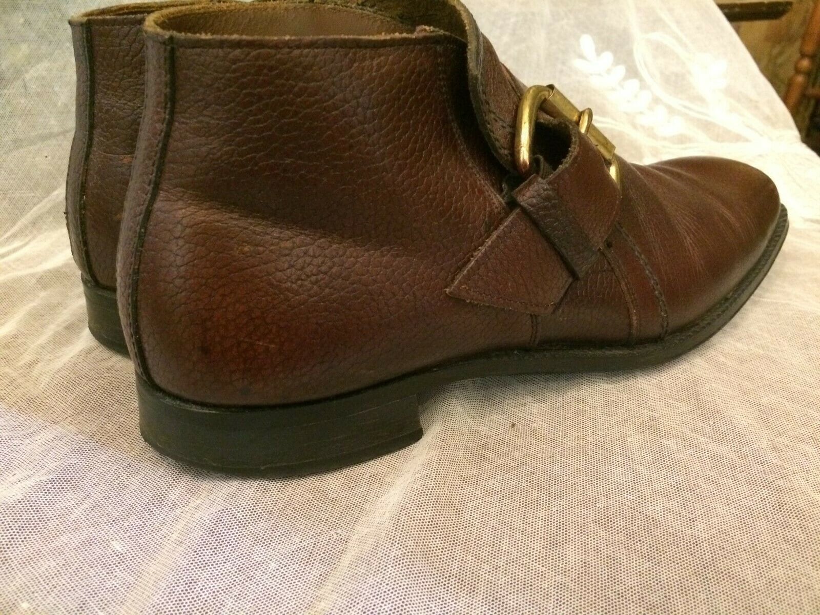 Pedwin BEATLE Brown Leather Ankle Boot Strap Monk Vintage Pebbled Men 9 B Used Vintage 1960s Brown Leather Monk Strap Ankle Boots Buckle  main image 3
