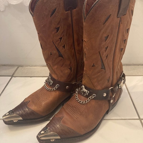 vtg DOUBLE H cowboy western rockabilly metal toe tips harness womens boots sz 6 1/2