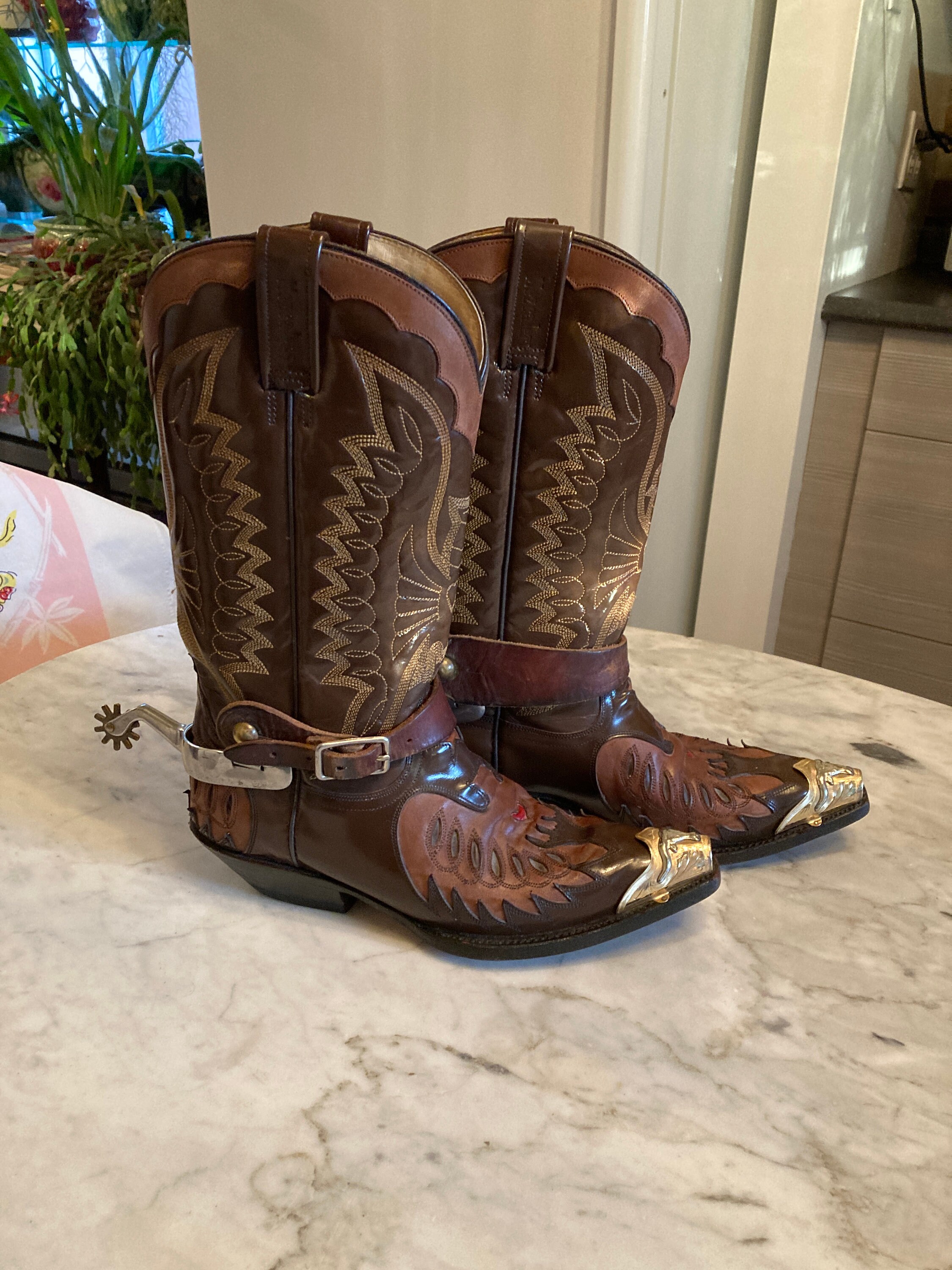 Vtg Mezcalero Mexico Metal Tips Spurs Rockabilly Brown Eagle Mens