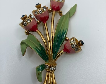 Vtg 1940s CORO pewter enamel rhinestone flowers brooch