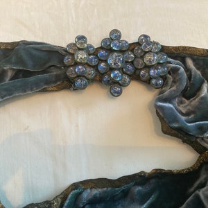 Vtg 1920 RARE blue velvet brass filigree glass beads belt 32-33"
