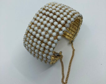 Vtg 1950s white milk glass rhinestone cuff bracelet