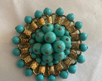 Vtg MIRIAM HASKELL turquoise glass beads brass brooch