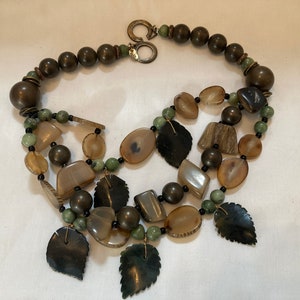 Vtg 1980 LES BERNARD INC. chunky glass brass agate stone beads leaves statement necklace