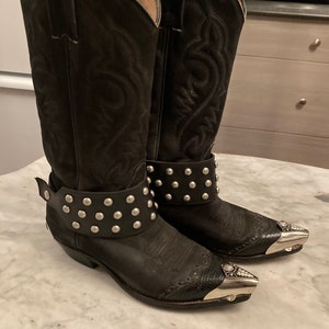Vtg BOULET cowboy western studded srud harness rockabilly biker motorcycle metal tips toe black womens boots sz 5 C