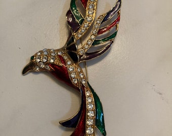 Vtg 1980s BOUCHER ? D'ORLAN ? enamel rhinestone 5" paradise bird parrot brooch