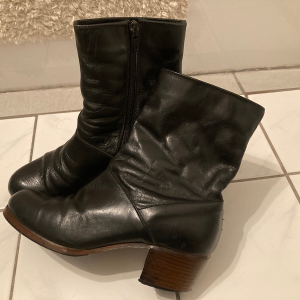vtg '70 Alaskan Canada winter insulated  platform disco ankle black leather mens boots sz 7
