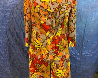Vtg 1960s retro psychedelic polyester flower power homemaid skirt jacket suit set  womens sz 34