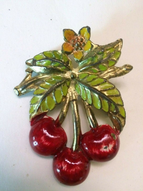 Vtg 1940s CORO pewter enamel cherry  brooch