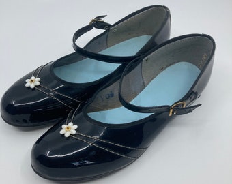 Vtg 1960s NEW DEADSTOCK  black ballet flat Mary Jane  faux leather girl child shoes sz 10 1/2